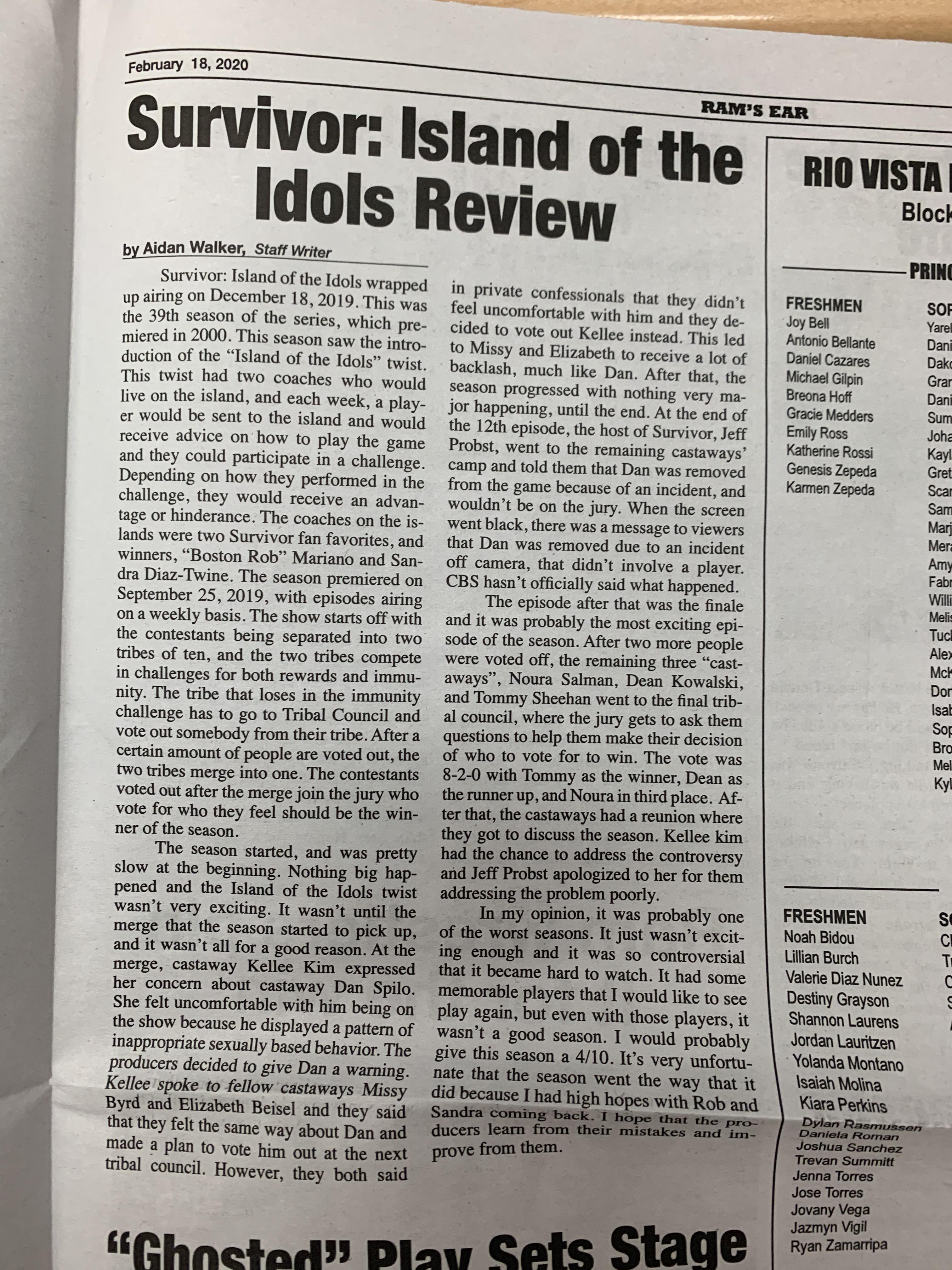 Wrote my first school newspaper article on island of the idols : r ...