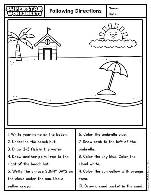 school following directions worksheet