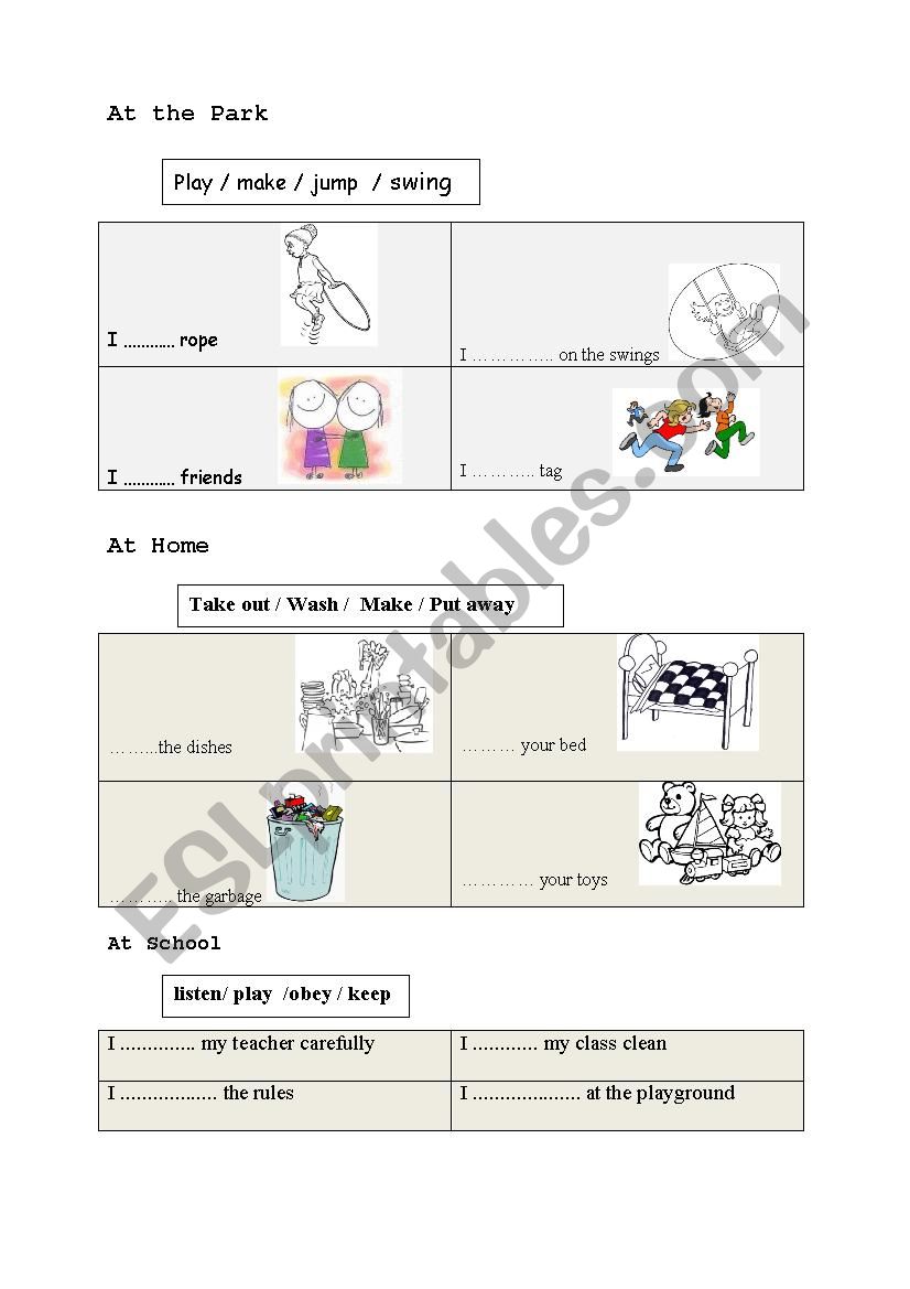 At the park, At school, at home - ESL worksheet by aylinserim