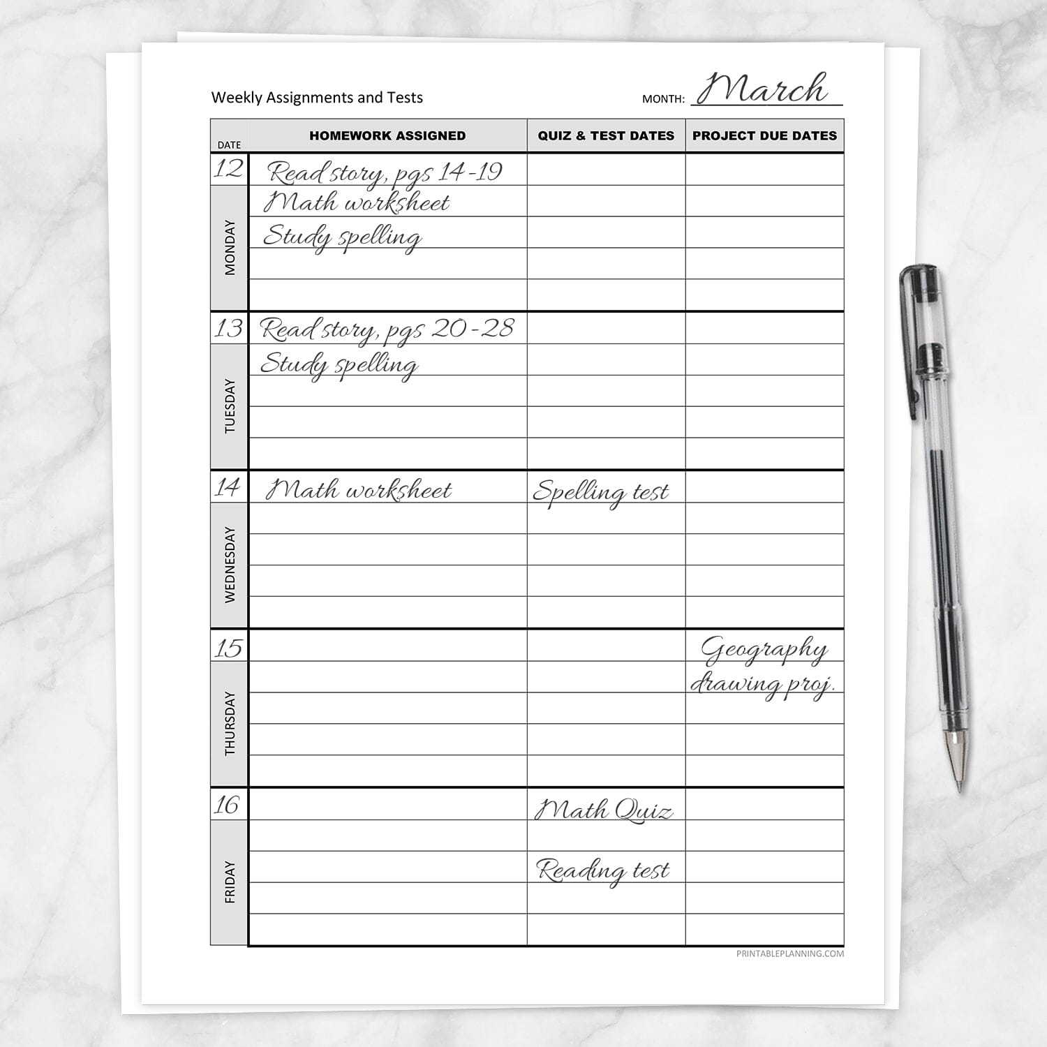 Weekly School Assignments and Tests Sheet - Printable at Printable ...
