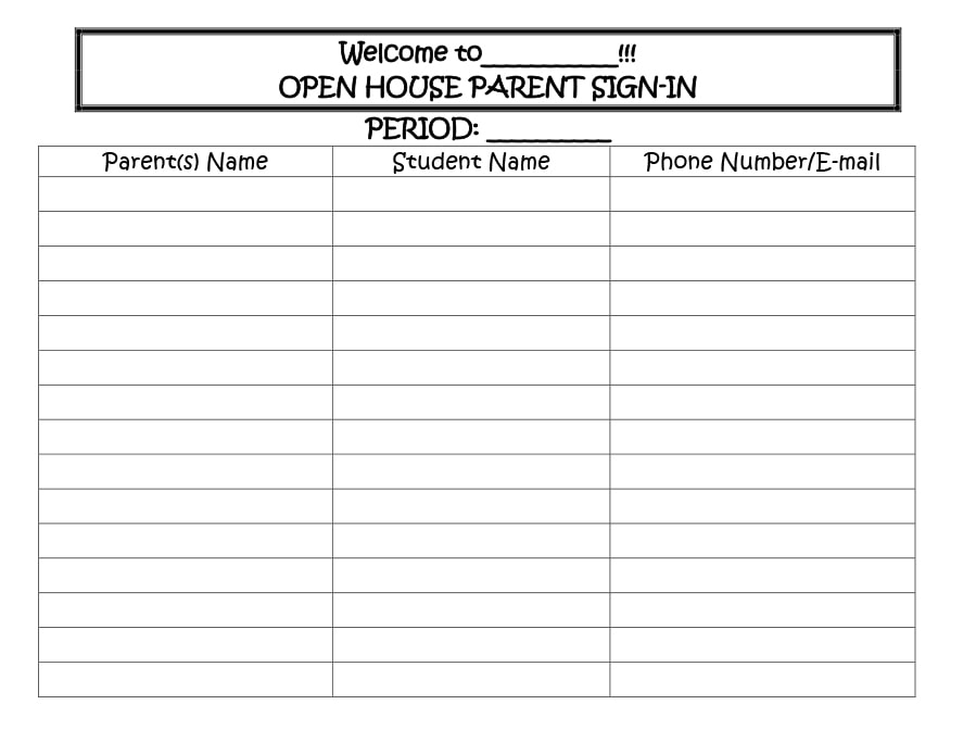 school open house sign in sheet free printable