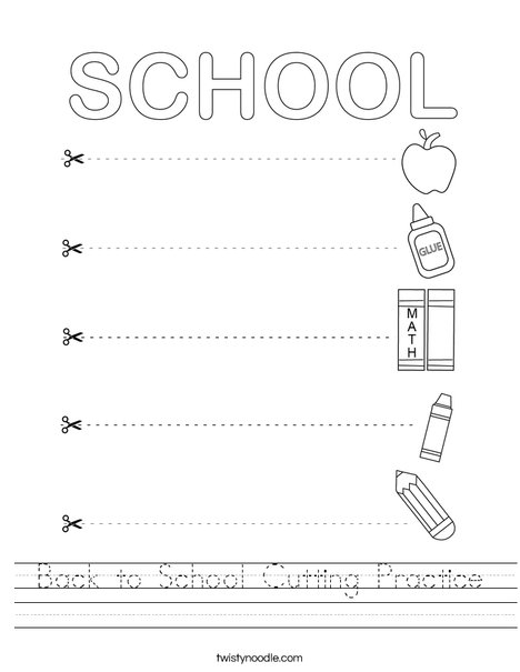 Back to School Cutting Practice Worksheet - Twisty Noodle