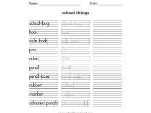 Printing Practice: School Things Worksheet for Kindergarten - 3rd ...