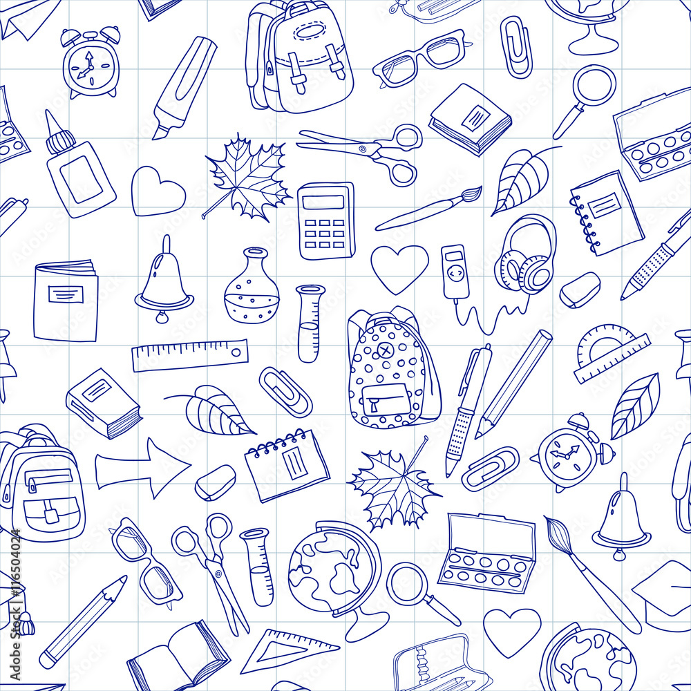 Vector seamless pattern with doodle school tools. Hand drawn ...