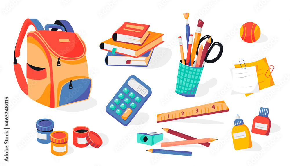 School supplies: backpack, pencils, brushes, paints, ruler ...