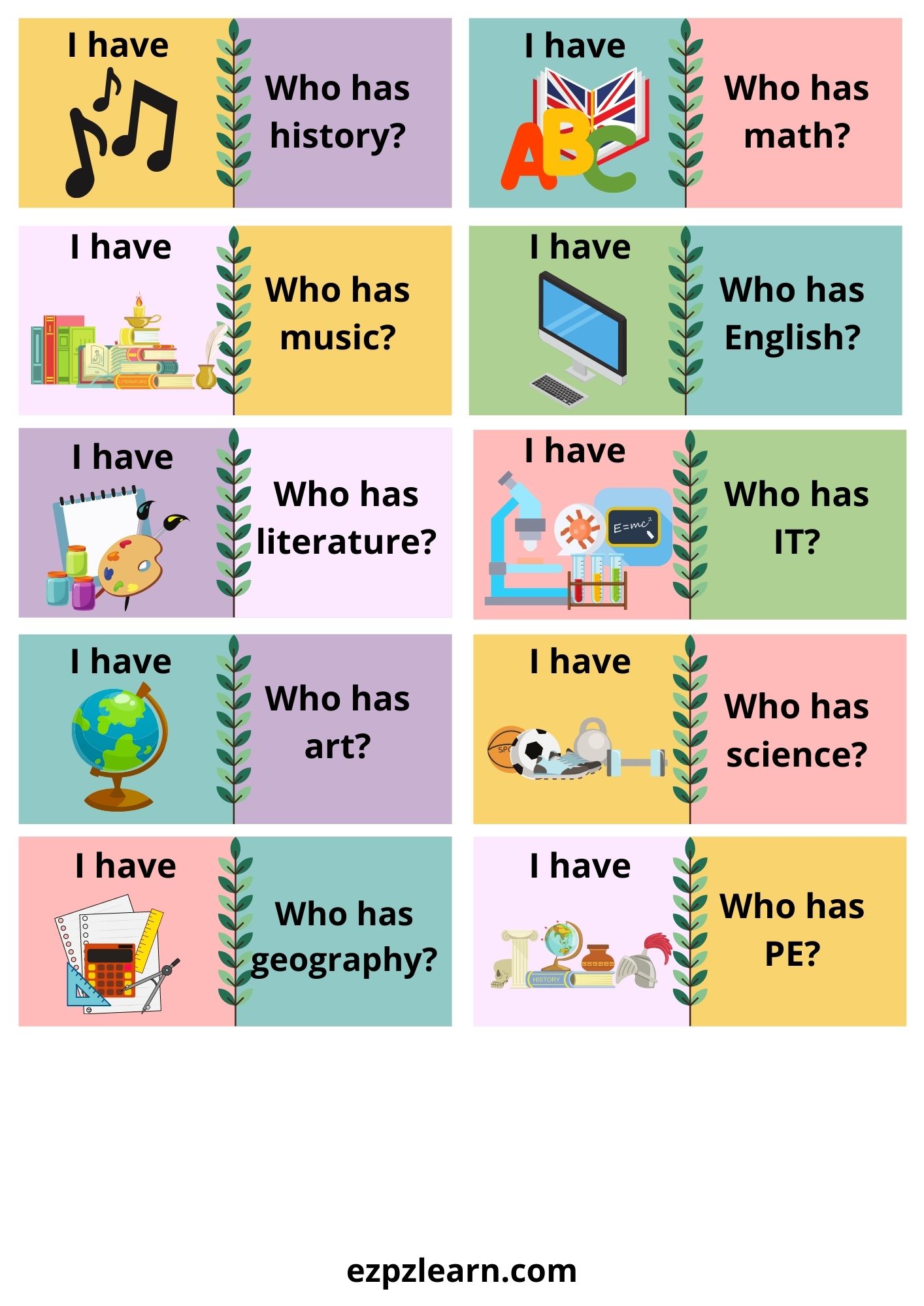 School Subjects Who Has Game - Ezpzlearn.com