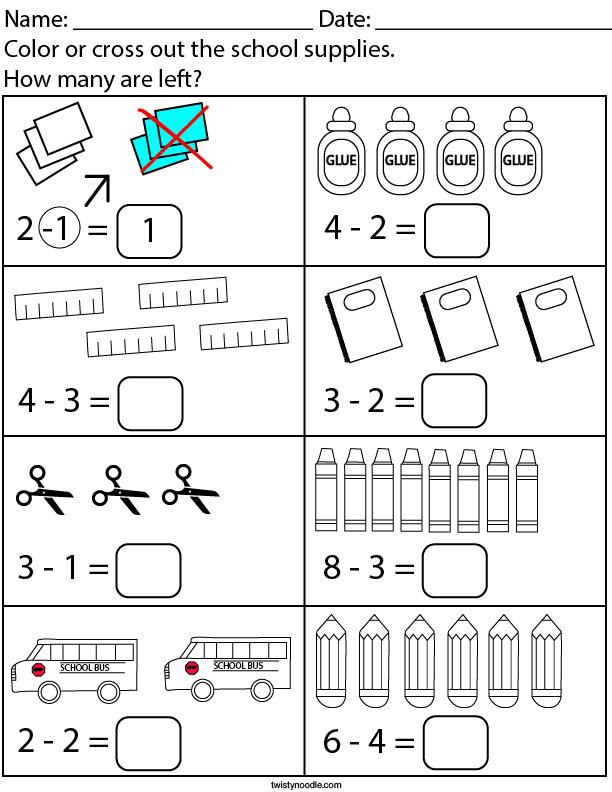 Back to School Subtraction Math Worksheet - Twisty Noodle