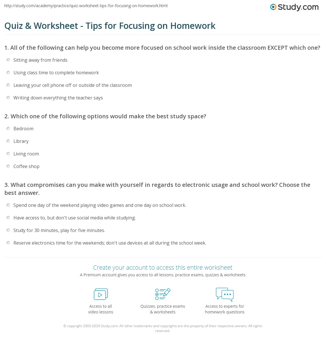 Quiz &  Worksheet - Tips for Focusing on Homework | Study.com