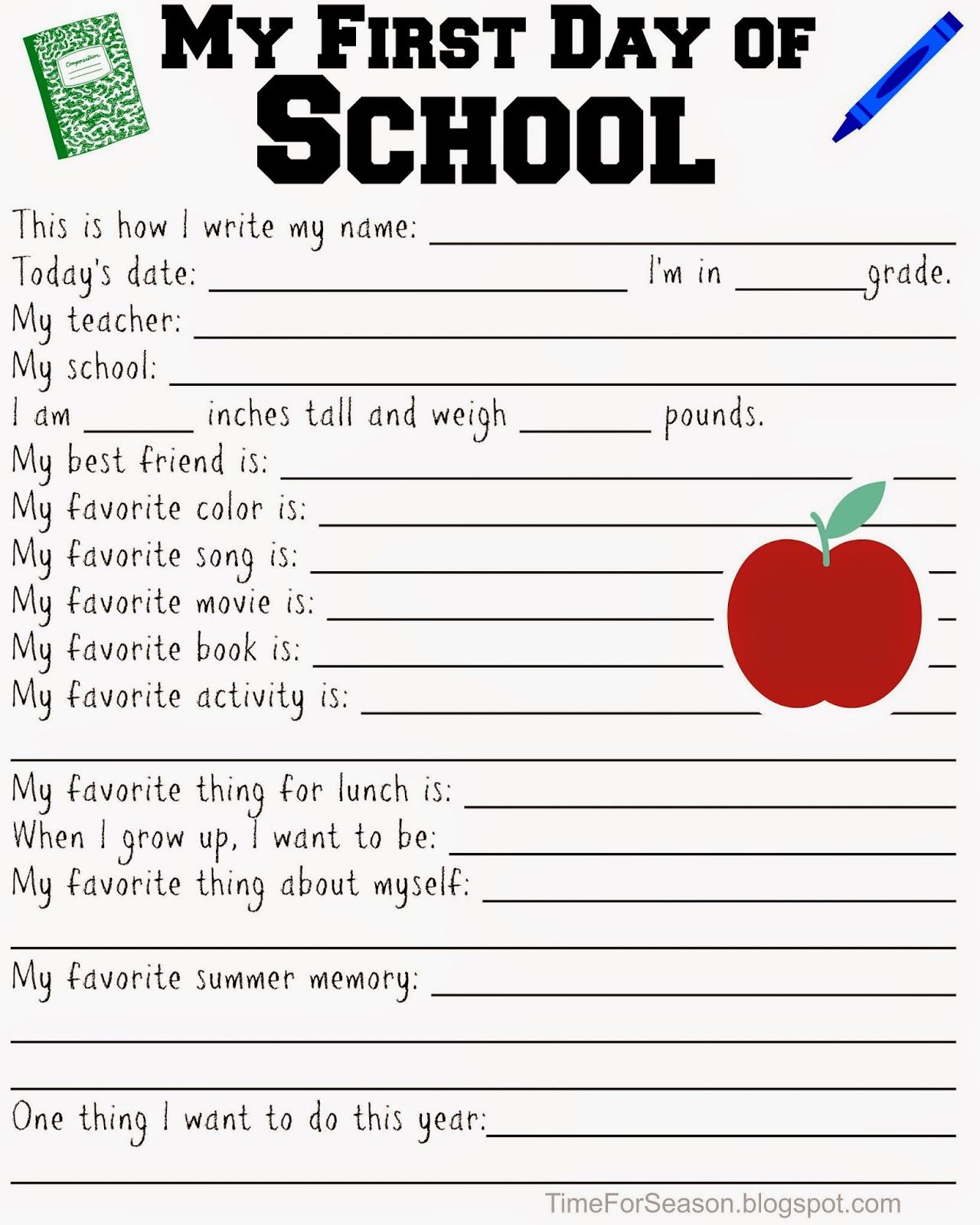 First day of school activities, School worksheets, School interview