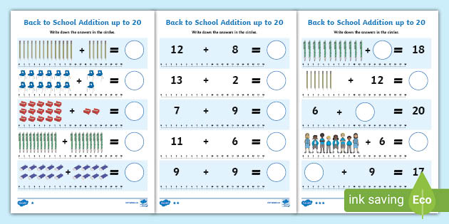 Addition to 20 Activity - Back to School Worksheets - Twinkl