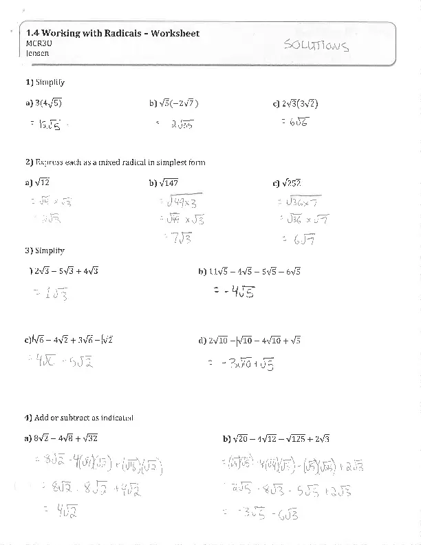 1.3 Radicals - Worksheet 1 [Answers] | High School - Edubirdie