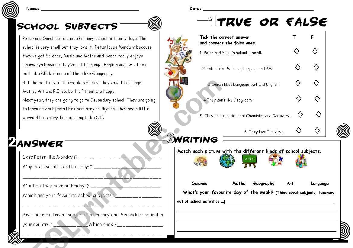 School subjects reading + answers + writing - ESL worksheet by ...