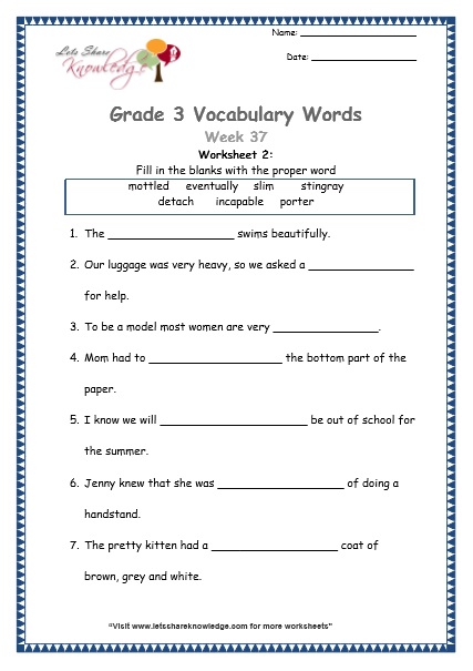 Grade 3: Vocabulary Worksheets Week 37 - Lets Share Knowledge