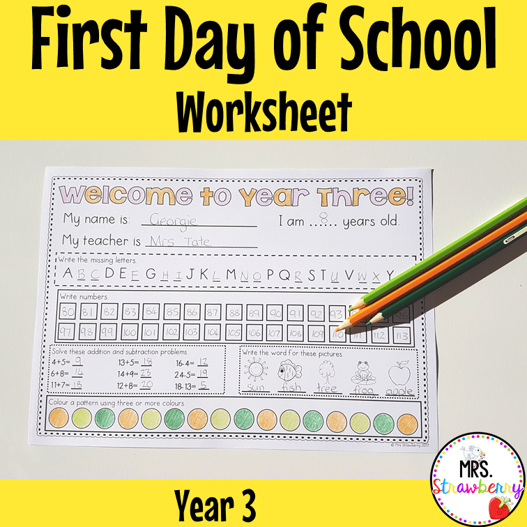 First Day of School Assessment Worksheet Year 3 - Mrs. Strawberry