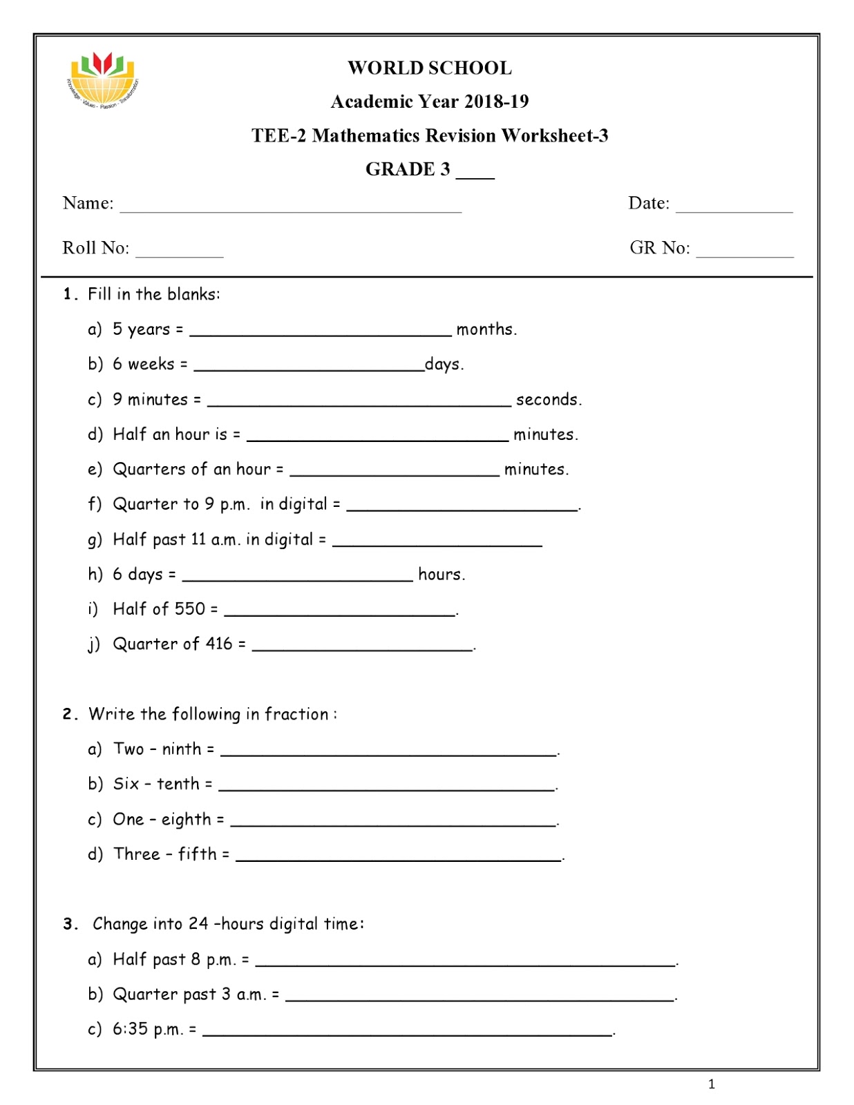 Birla World School Oman: Revision Worksheets for Grade 3 as on 09 ...