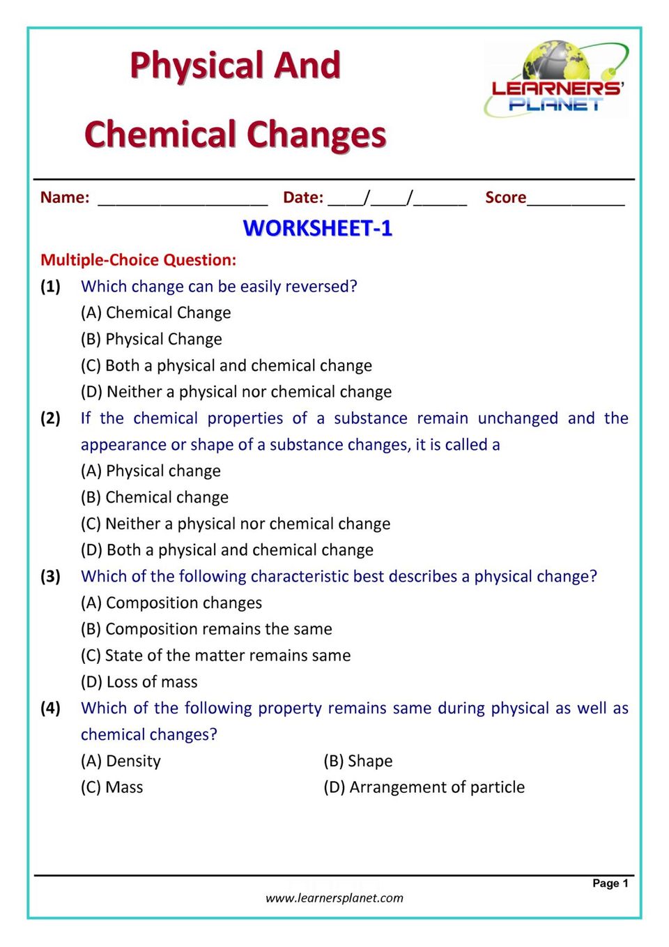 science 7th grade worksheet