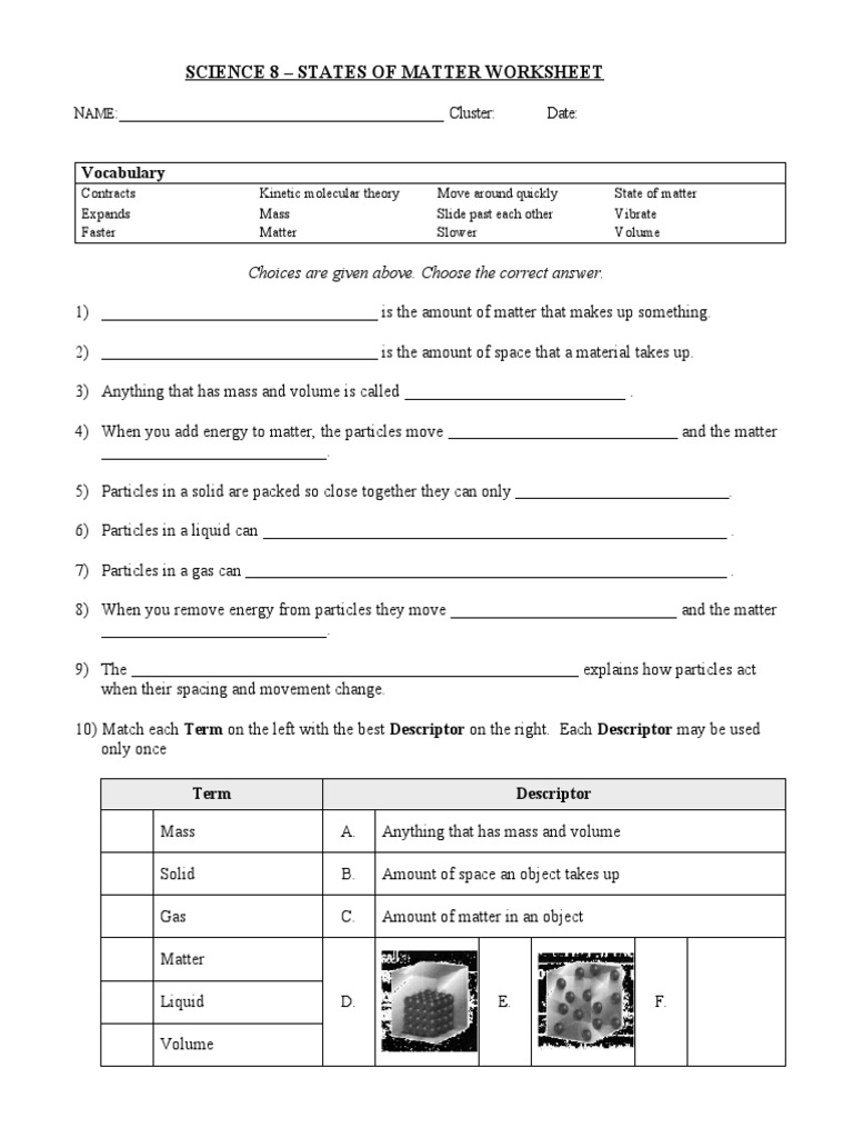 science 8 states of matter worksheet key