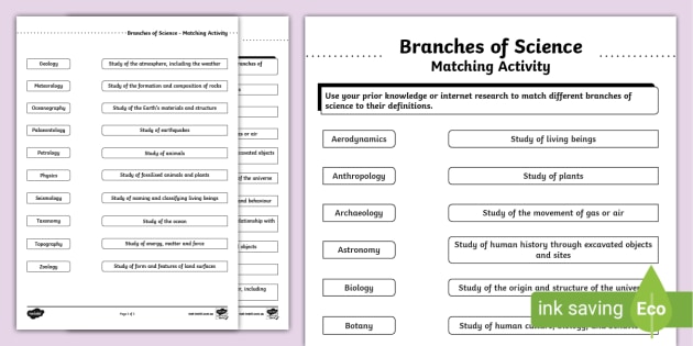 Branches of Science Matching Activity Worksheet | Twinkl