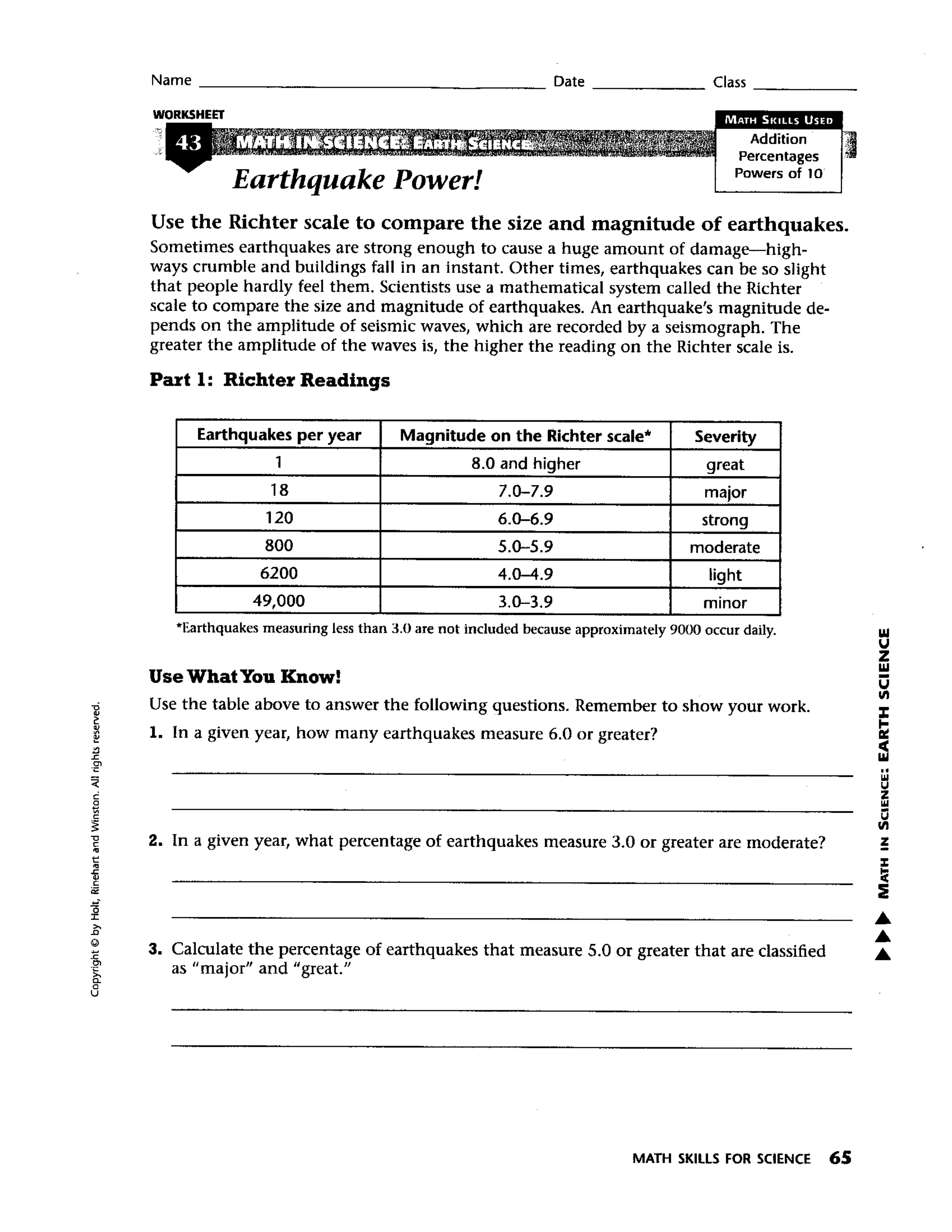 Earthquake Power Enrichment Worksheet - Craig Fisher | Library ...