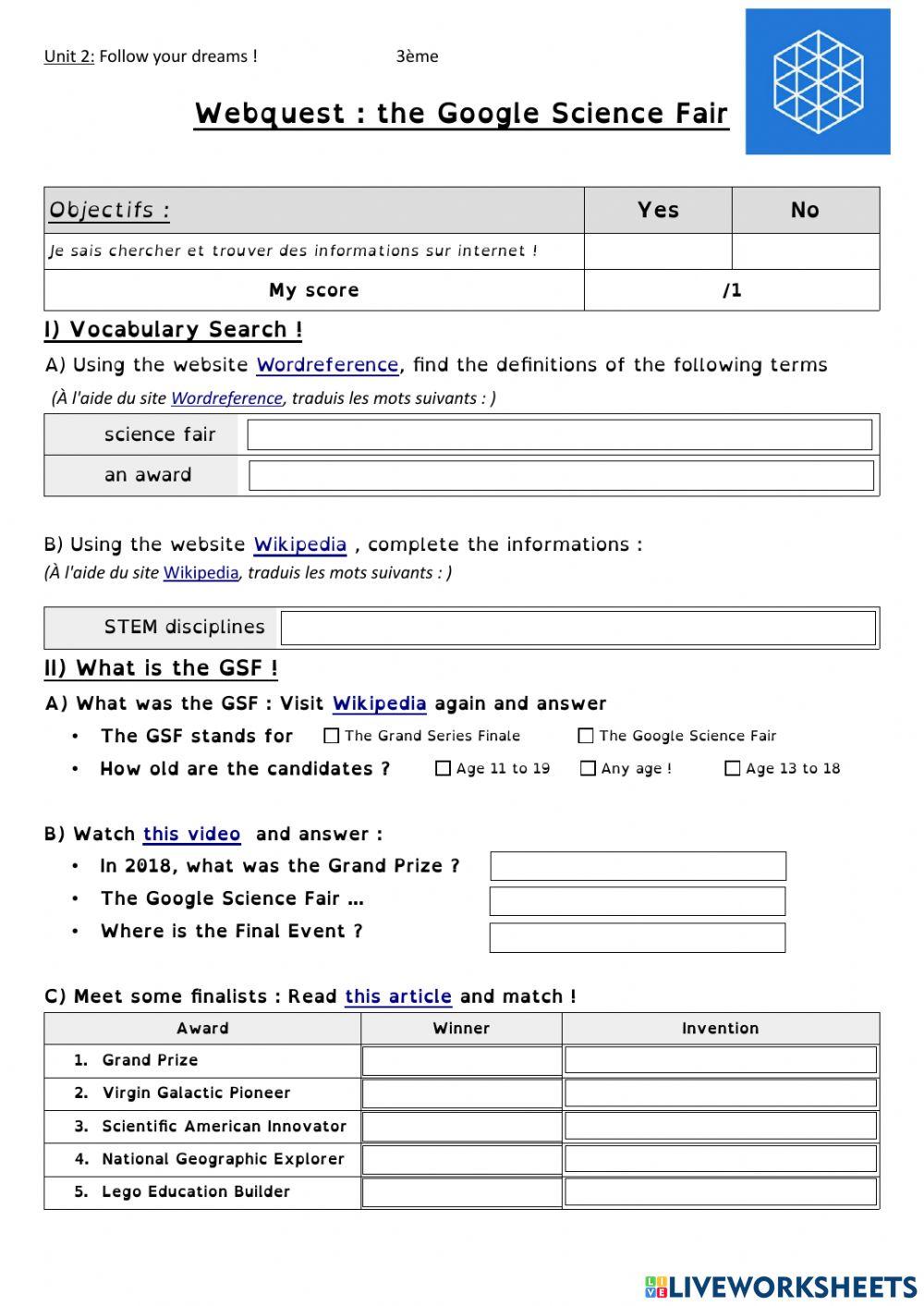 quest The Google Science Fair worksheet Live Worksheets