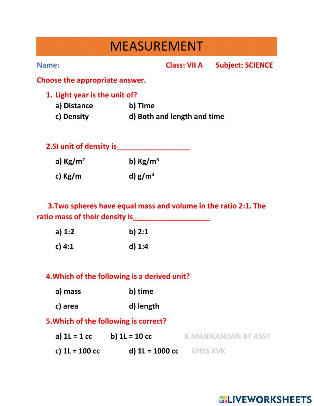 Measurement interactive exercise for Grade 7 | Live Worksheets ...