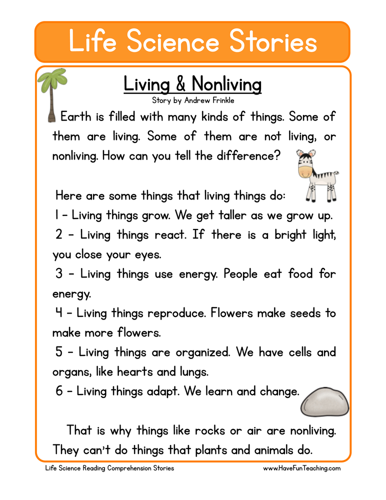 Living and Nonliving Life Science Reading Comprehension Worksheet ...