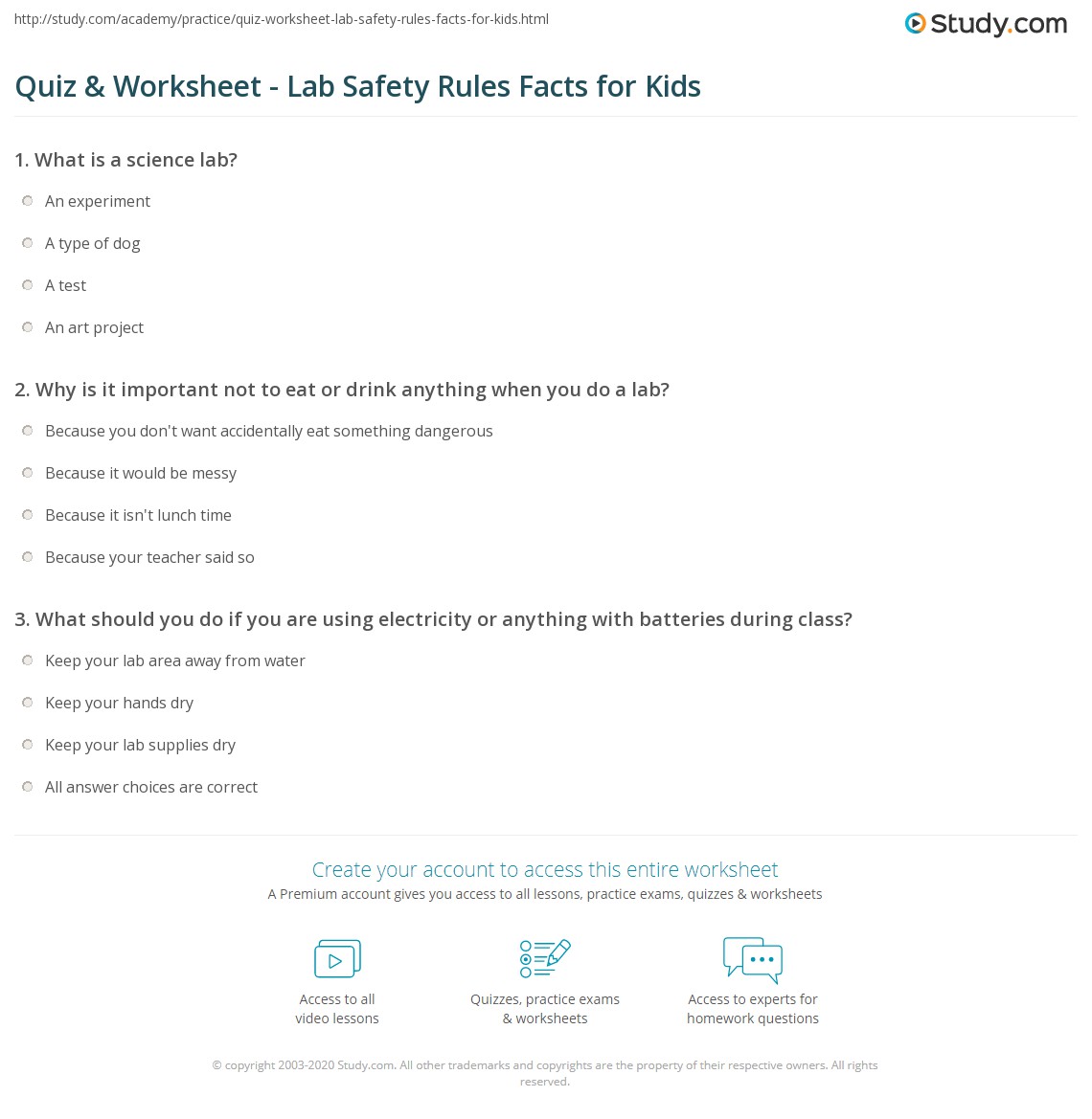 Quiz &  Worksheet - Lab Safety Rules Facts for Kids | Study.com
