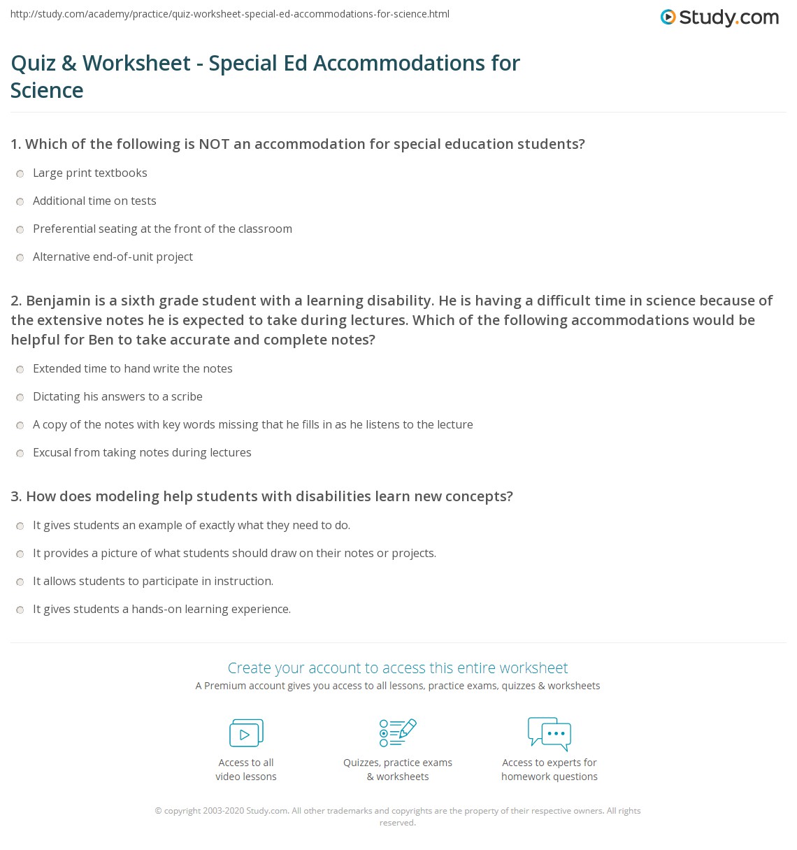 Quiz &  Worksheet - Special Ed Accommodations for Science | Study.com