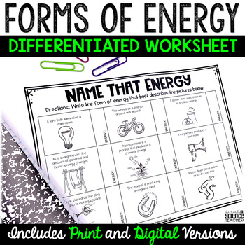 Forms of Energy Differentiated Worksheet [Print &  Digital for ...