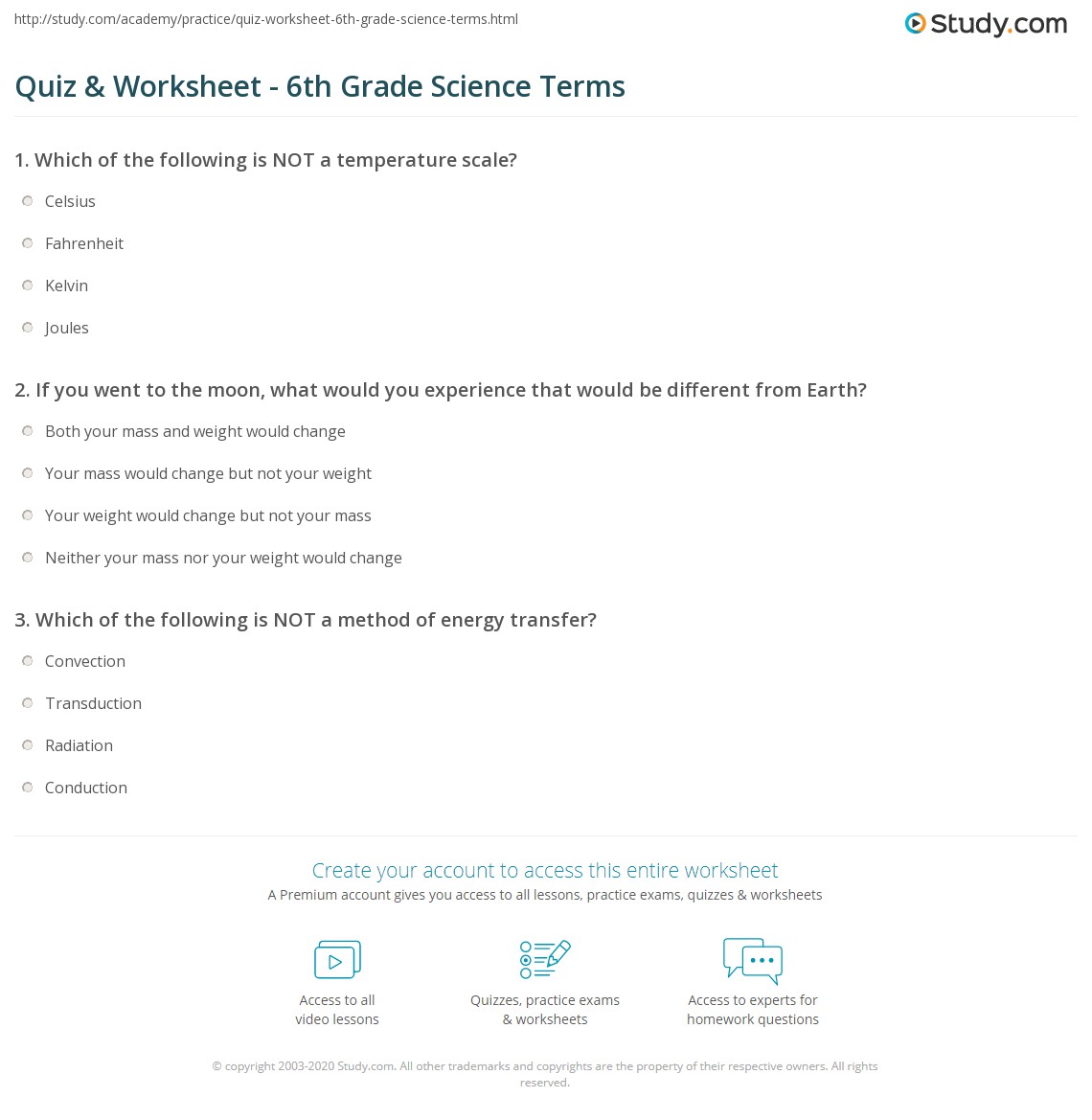 science test worksheet for 6th graders
