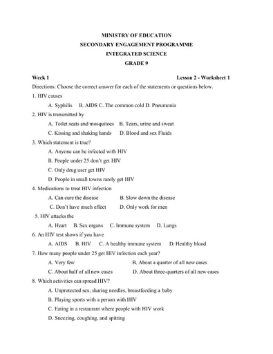 science worksheet for 9th graders