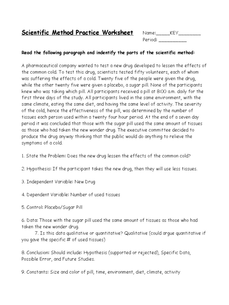 Scientific Method Practice Worksheet Key PDF Placebo