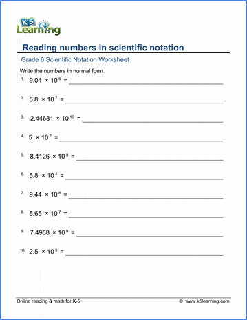 Grade 6 Worksheet: Reading numbers in scientific notation (12 ...