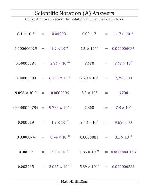 Converting Between Scientific Notation and Ordinary Numbers (A)