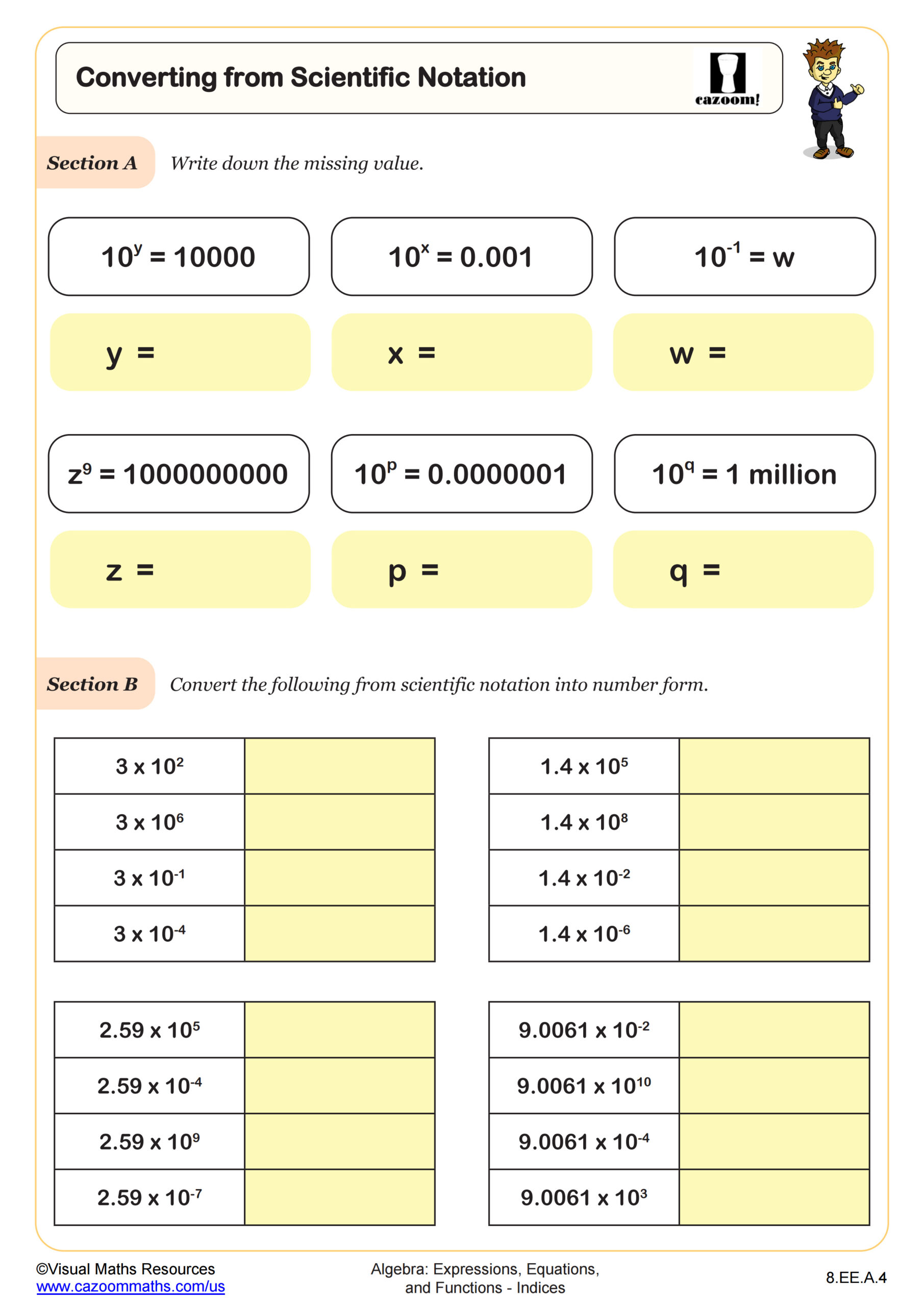 Converting from Scientific Notation Worksheet | 8th Grade PDF