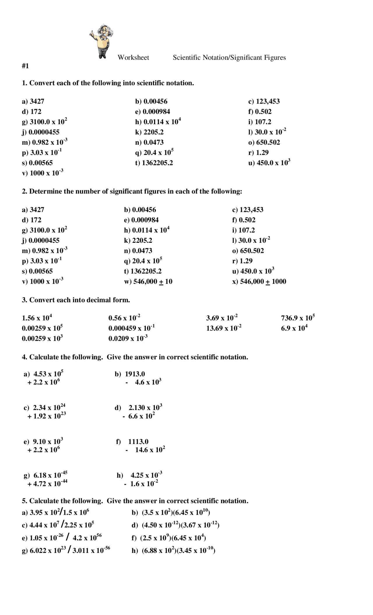 Worksheet Scientific Notation Significant Figures with Key