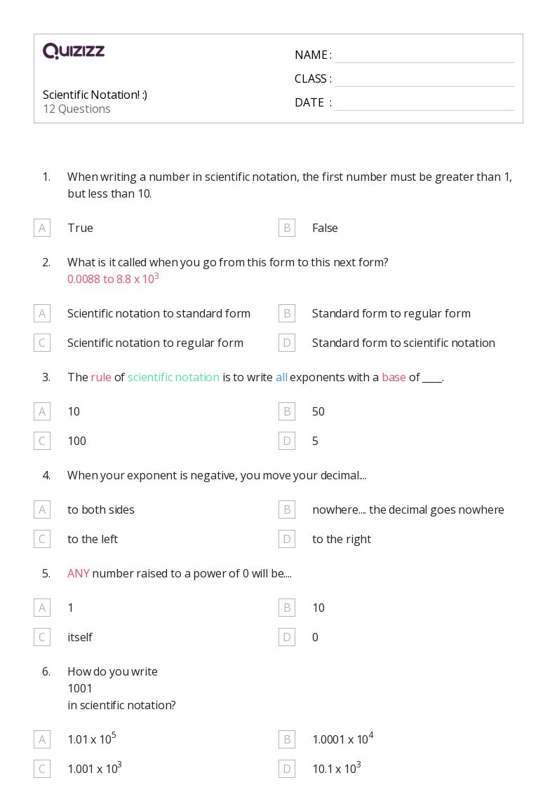 scientific notation worksheet chemistry