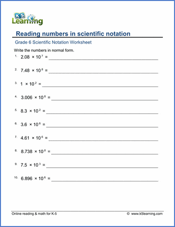 Grade 6 Math Worksheets: Reading numbers in scientific notation ...