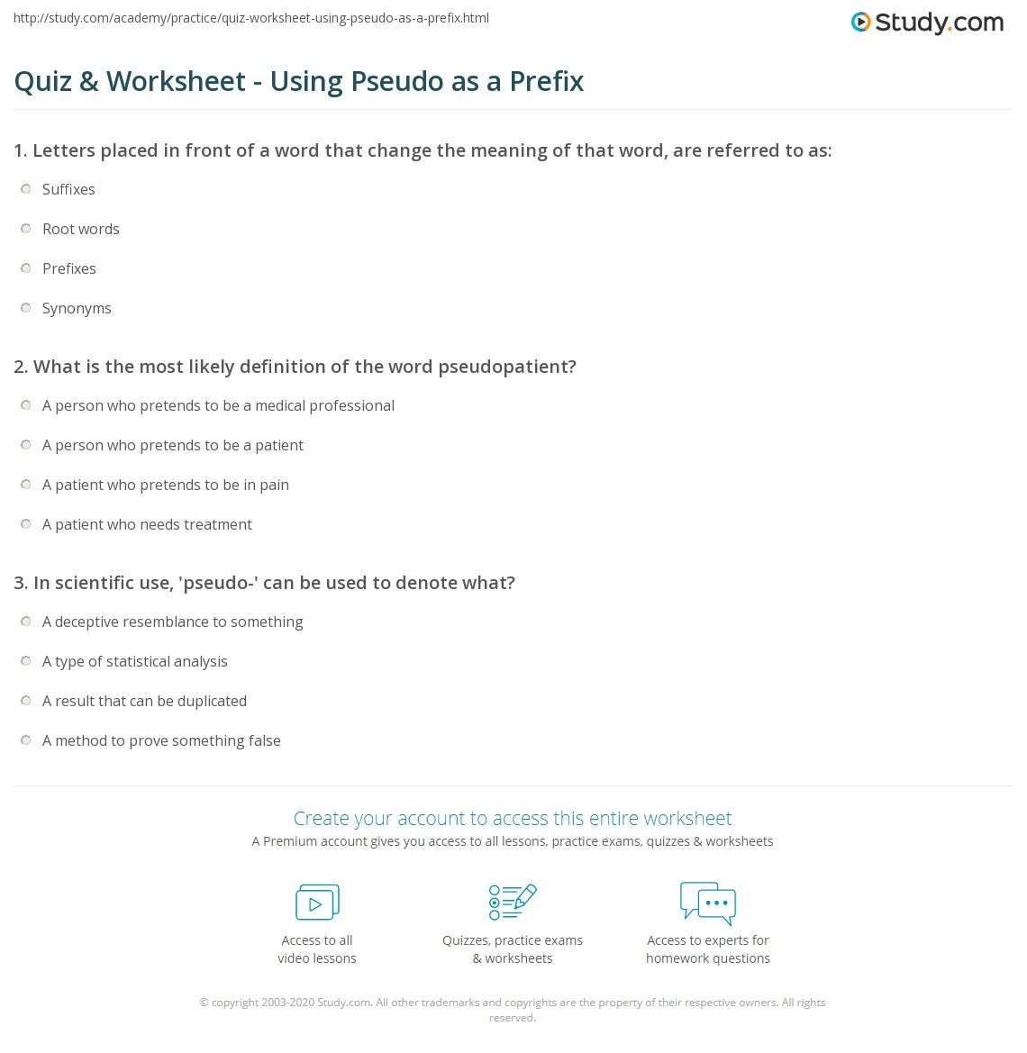 Quiz &  Worksheet - Using Pseudo as a Prefix | Study.com