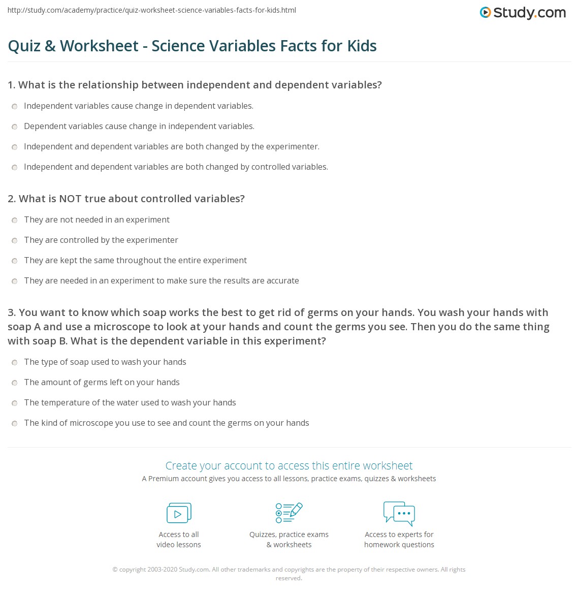 Quiz &  Worksheet - Science Variables Facts for Kids | Study.com