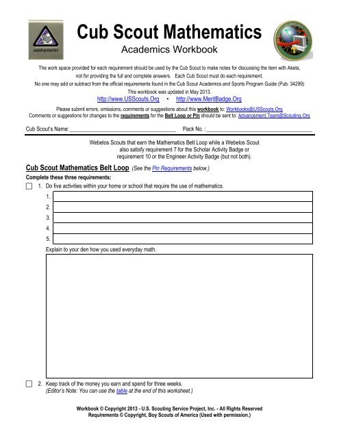 Cub Scout Mathematics Worksheet - Merit Badge Research Center