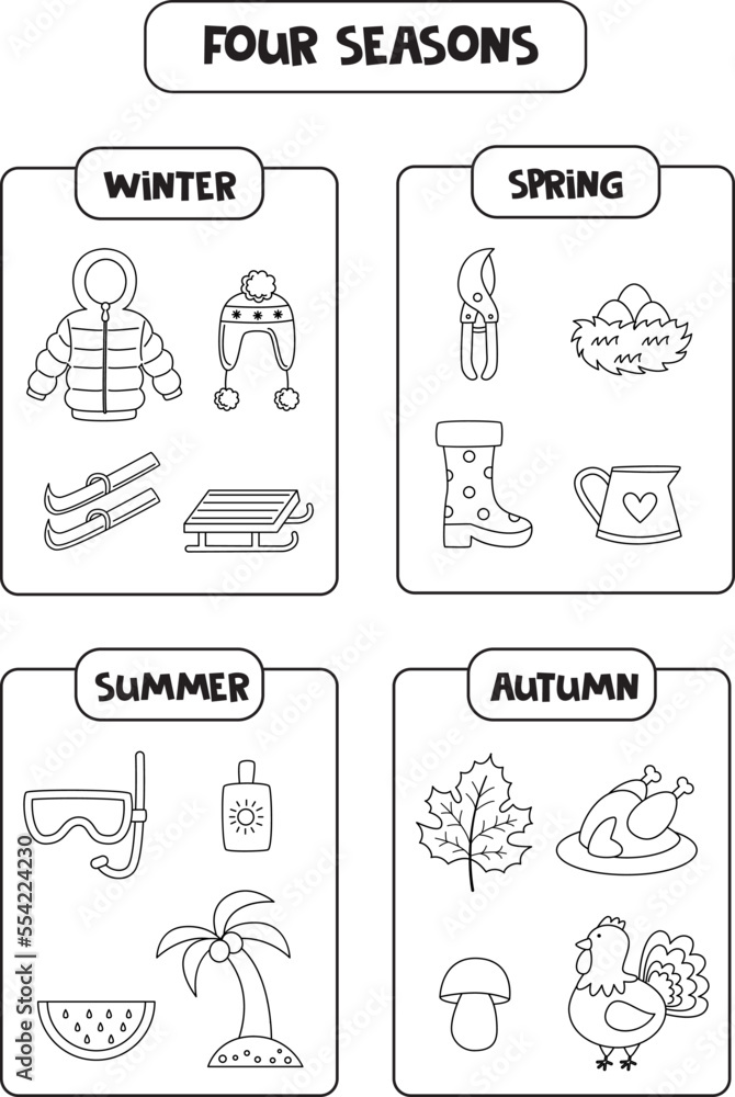 Learning four seasons for kids. Black and white educational ...