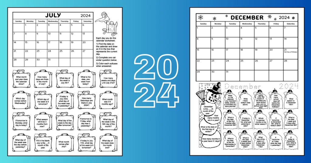 2024 Printable One Page Calendar &  Kids Calendar Worksheets