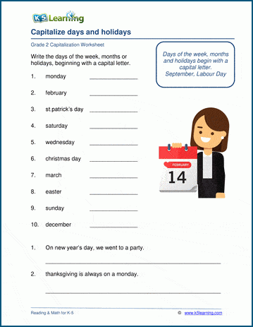 Capitalization worksheets: days, months and holidays | Worsheets library