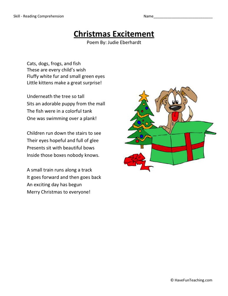 Reading Comprehension Worksheet - Christmas Excitement