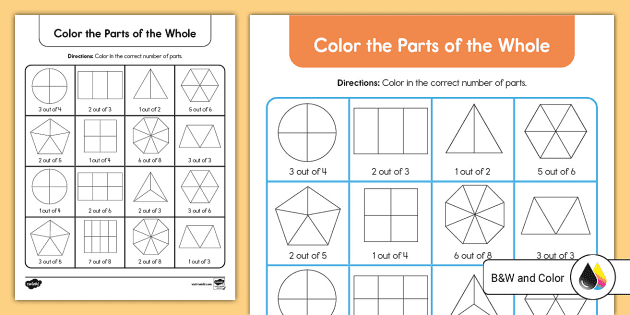 Second Grade Color the Parts of the Whole Activity Sheet