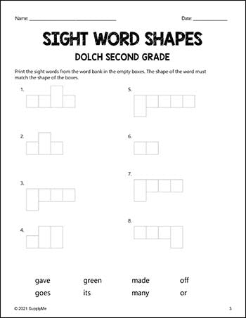 Second Grade Sight Words Worksheets - Word Shapes, 3 Variations ...