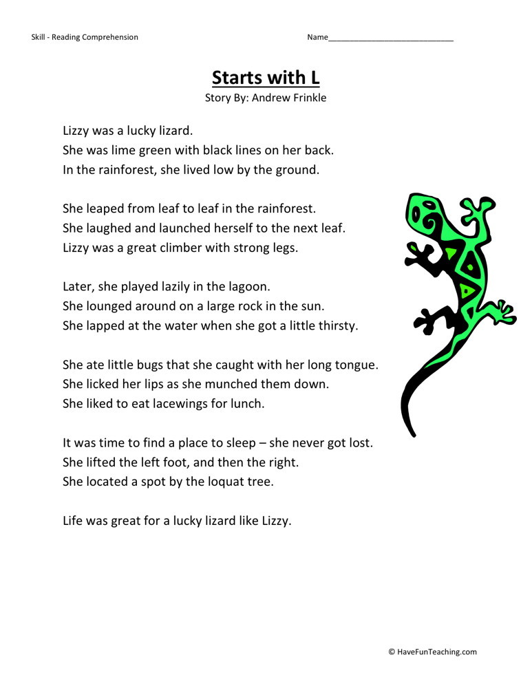 Reading Comprehension Worksheet - Starts With L