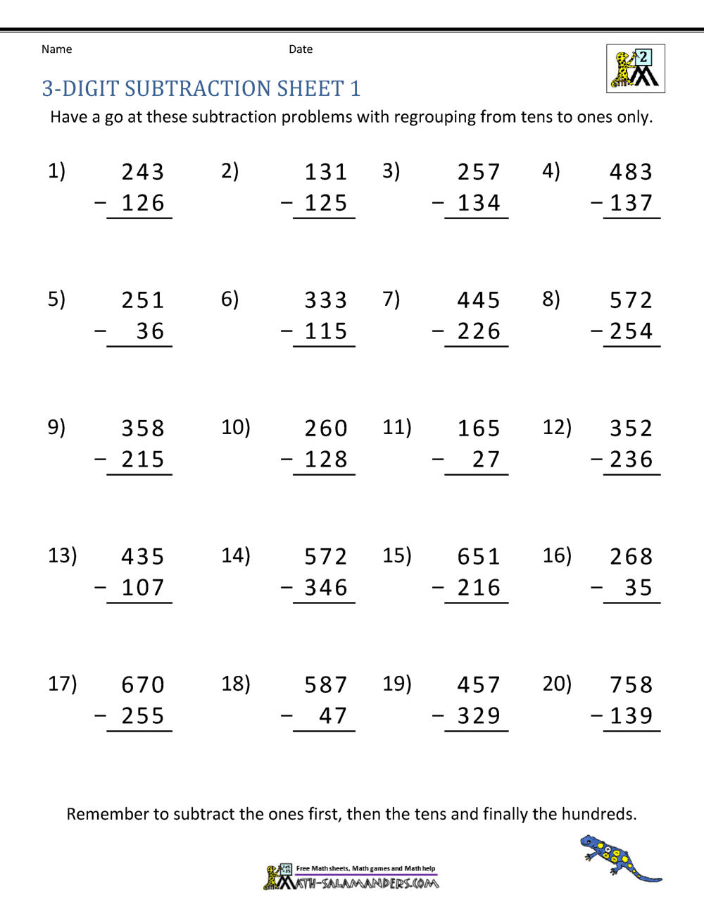 3 Digit Subtraction Worksheets