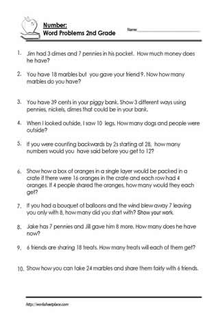 2nd Grade Word Problems for Number Worksheets